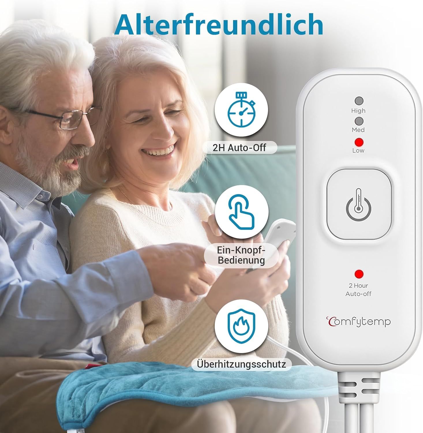 Älteres Paar nutzt ein Heizkissen mit Fernbedienung. Funktionen: 2h Auto-Off, Ein-Knopf-Bedienung, Überhitzungsschutz.