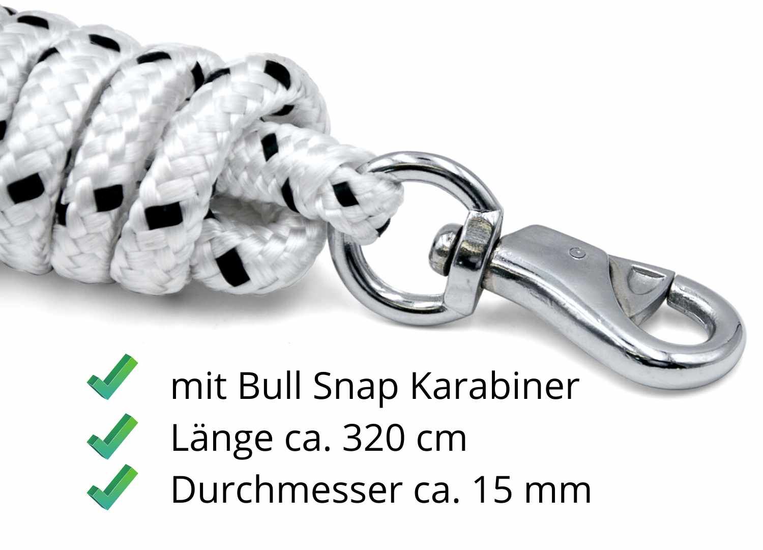 Weißes Bodenarbeitsseil mit schwarzen Punkten, Karabinerhaken. Text: mit Bull Snap Karabiner, Länge ca. 320 cm, Durchmesser ca. 15 mm.