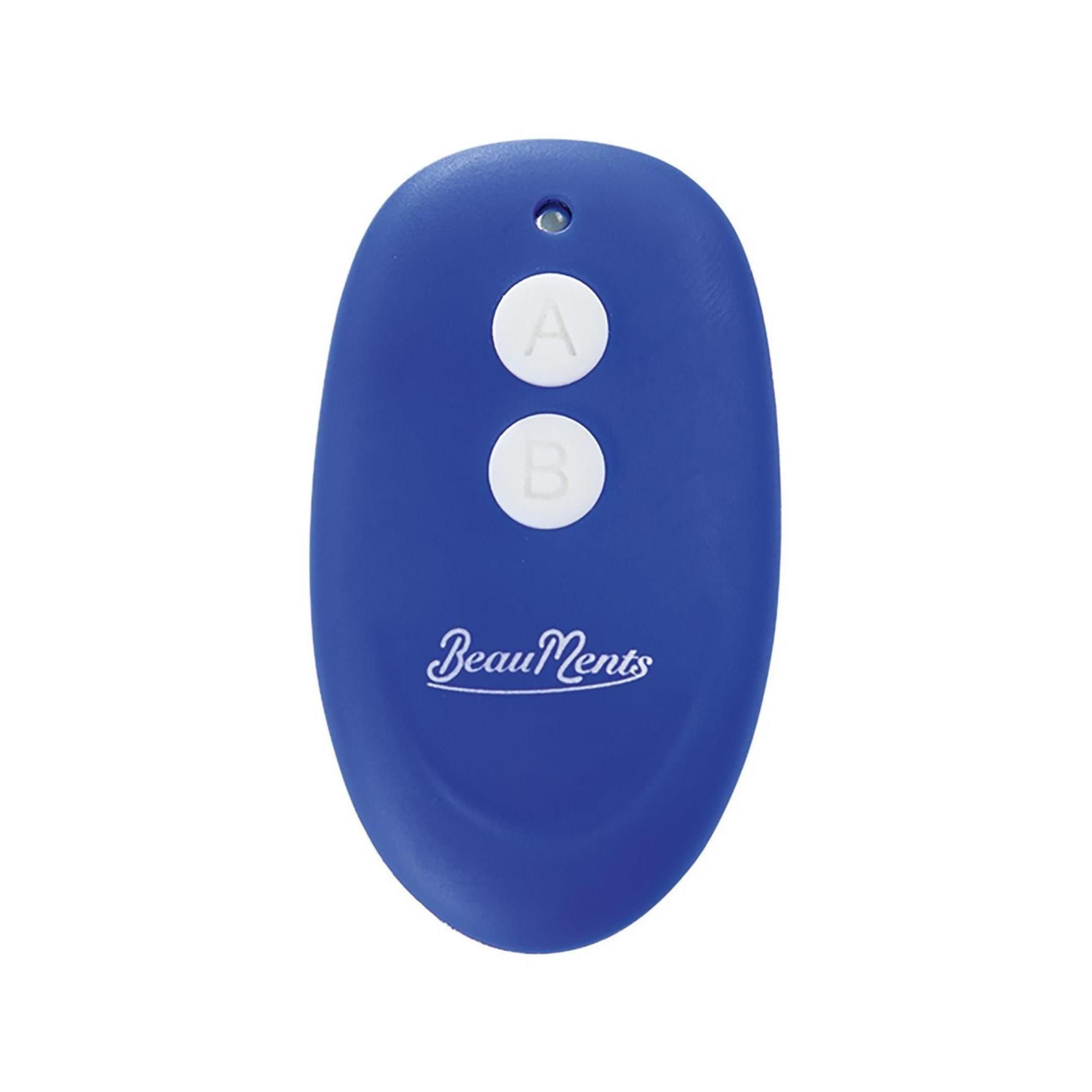 Blaue Fernbedienung mit zwei Knöpfen. Produktname: BeauMents. Logo sichtbar. Weißer Rand.