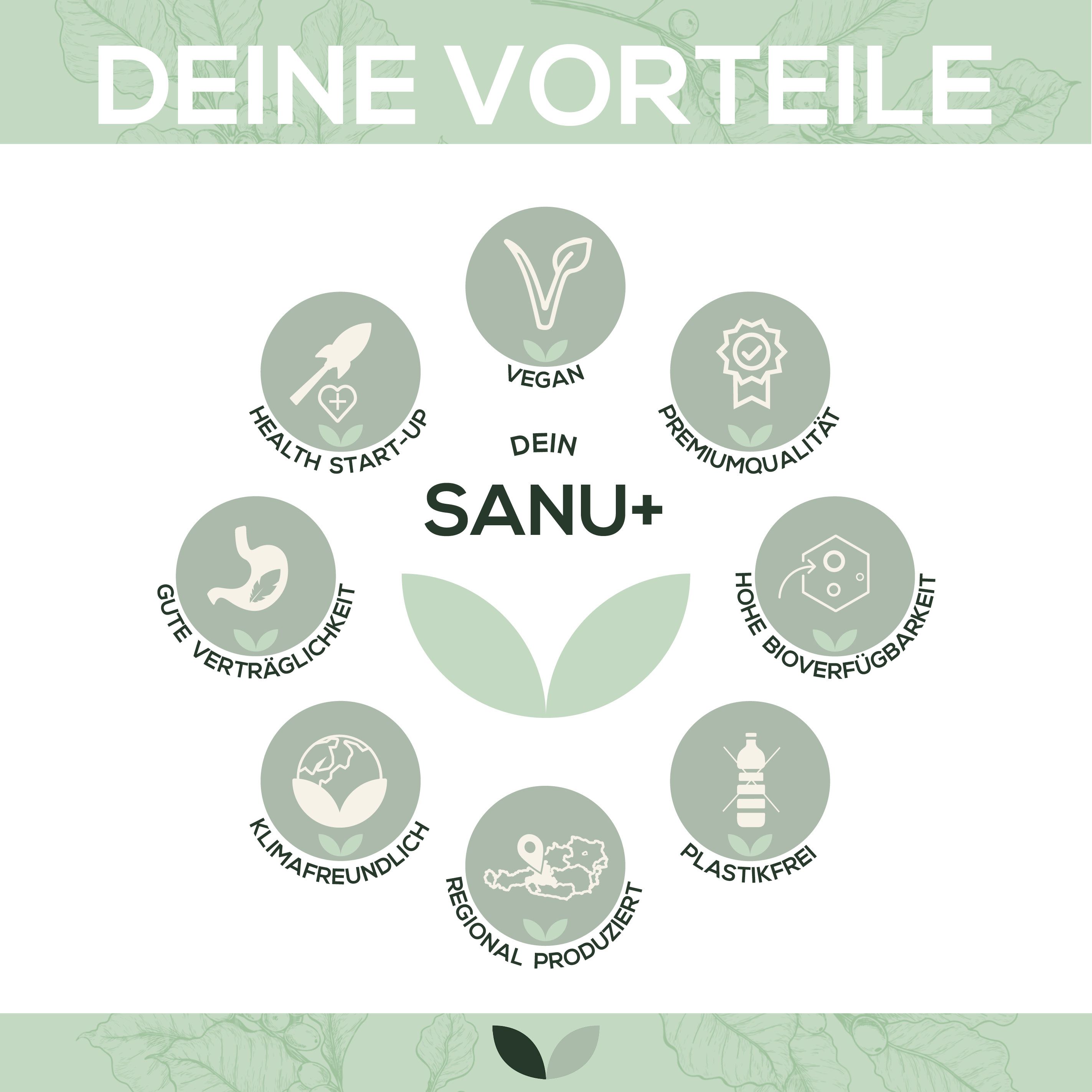 Kreisförmige Darstellung mit Logos: Vegan, Premiumqualität, gute Verträglichkeit, klimafreundlich, regional produziert, plastikfrei.
