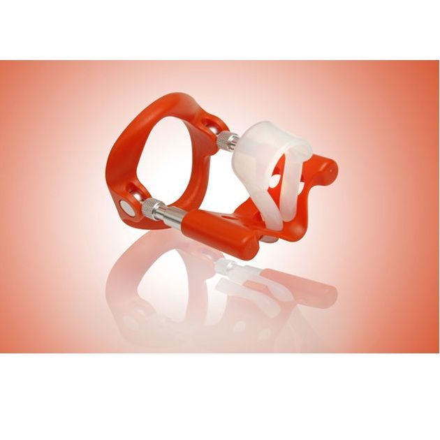 Orangenes Gerät mit weißem Halter. Besteht aus Bügeln, Stangen und Halterung. Reflektierender Hintergrund.