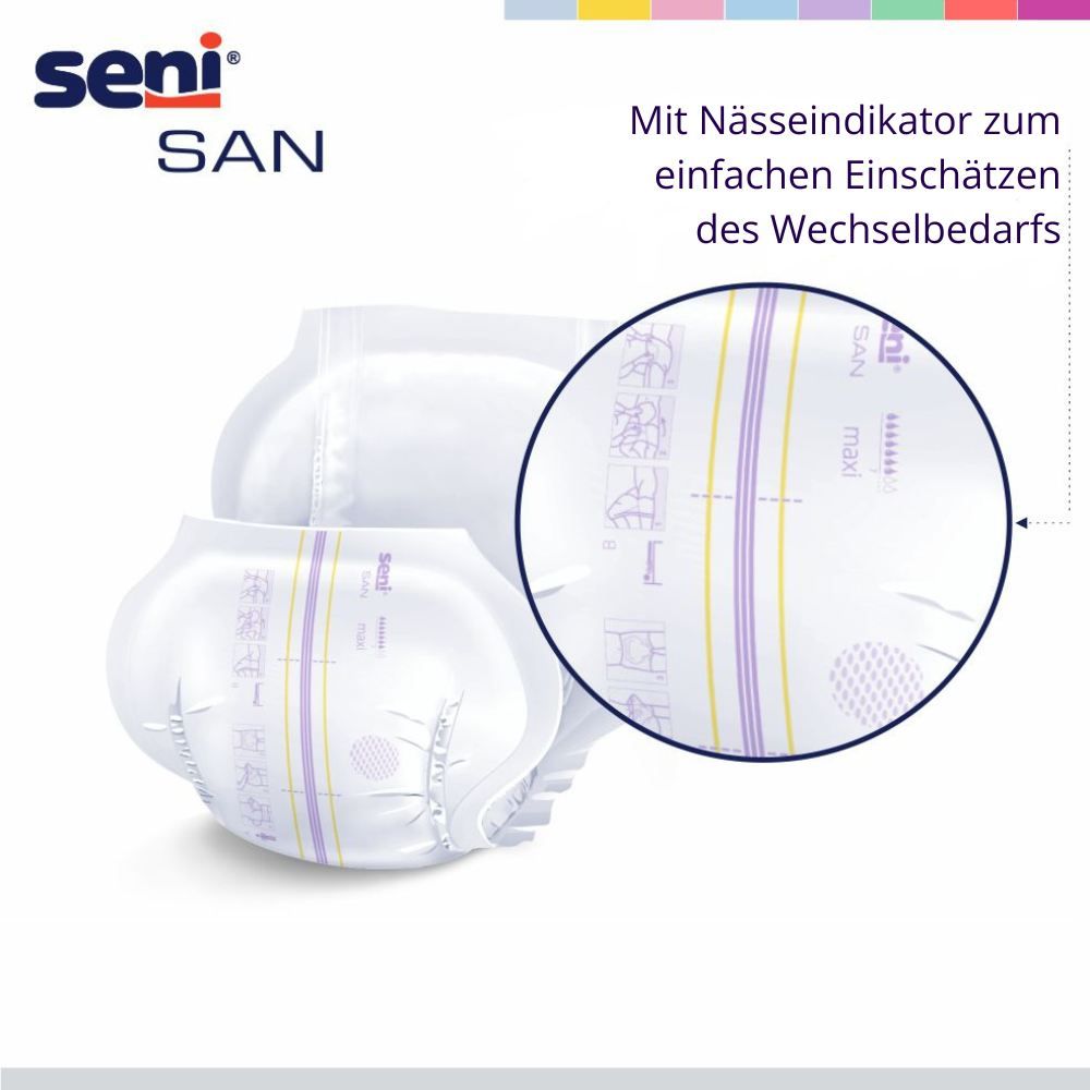 Seni San Inkontinenzeinlagen. Produktabbildung mit Text: Mit Nässeindikator. Detailansicht des Indikators.