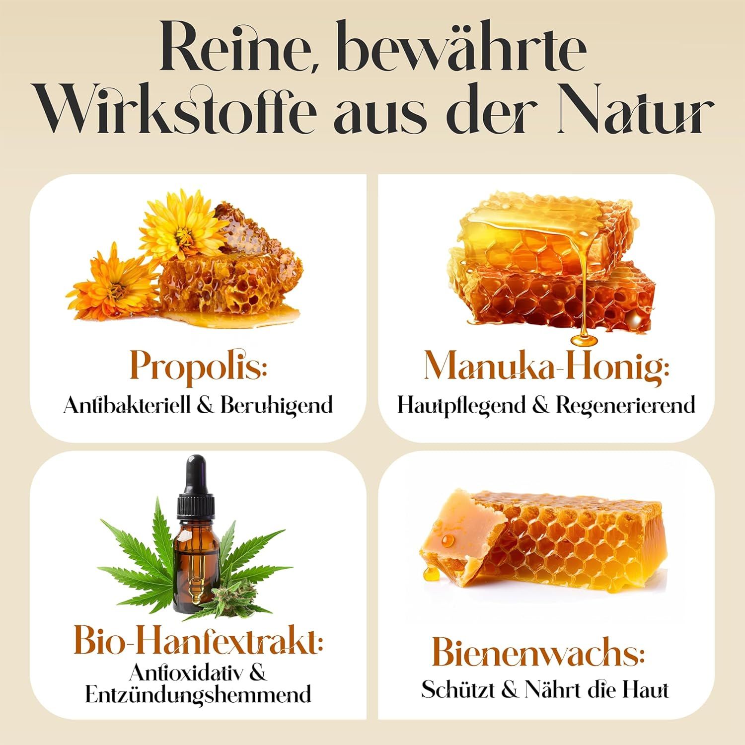 Bild mit Inhaltsstoffen. Propolis, Manuka-Honig, Bio-Hanfextrakt, Bienenwachs. Text: 'Reine bewährte Wirkstoffe aus der Natur'.