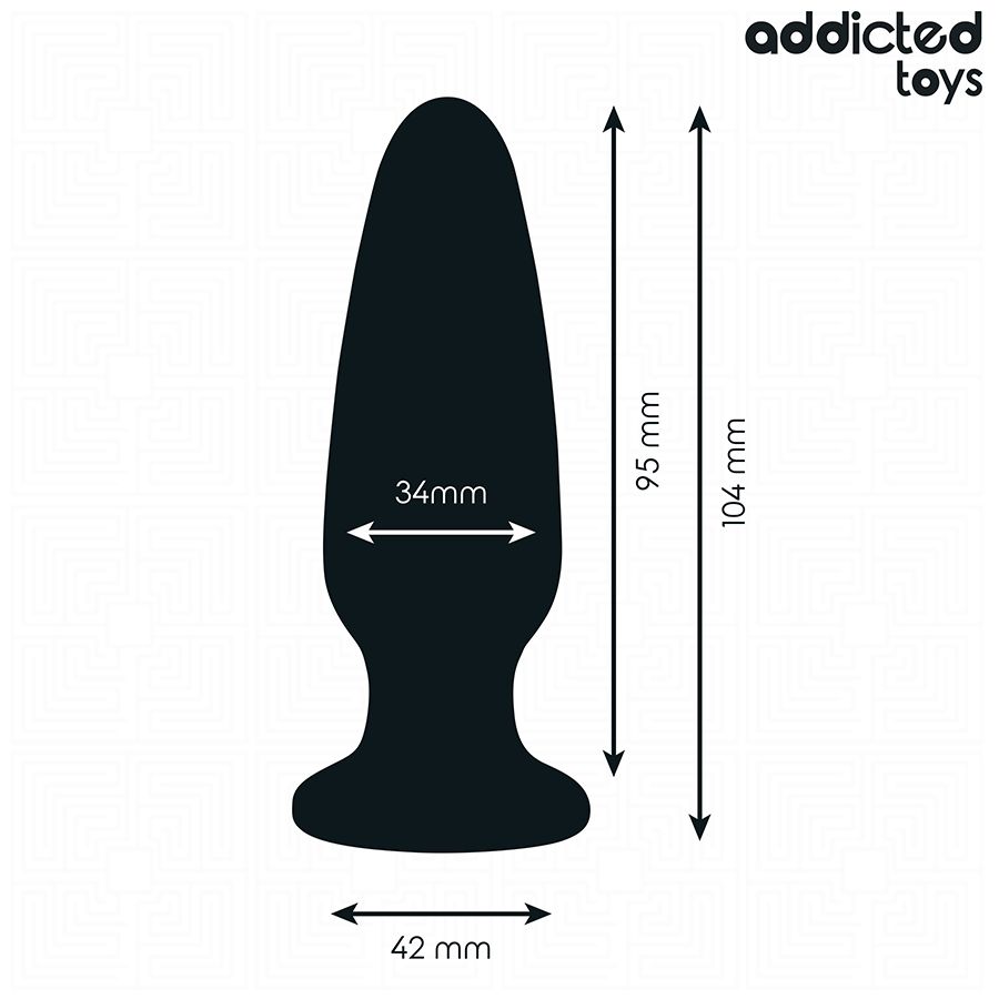 Schwarz-weiß-Zeichnung eines Analplugs mit Maßangaben. Gesamtlänge 104 mm, Durchmesser 34 mm, Basis 42 mm.