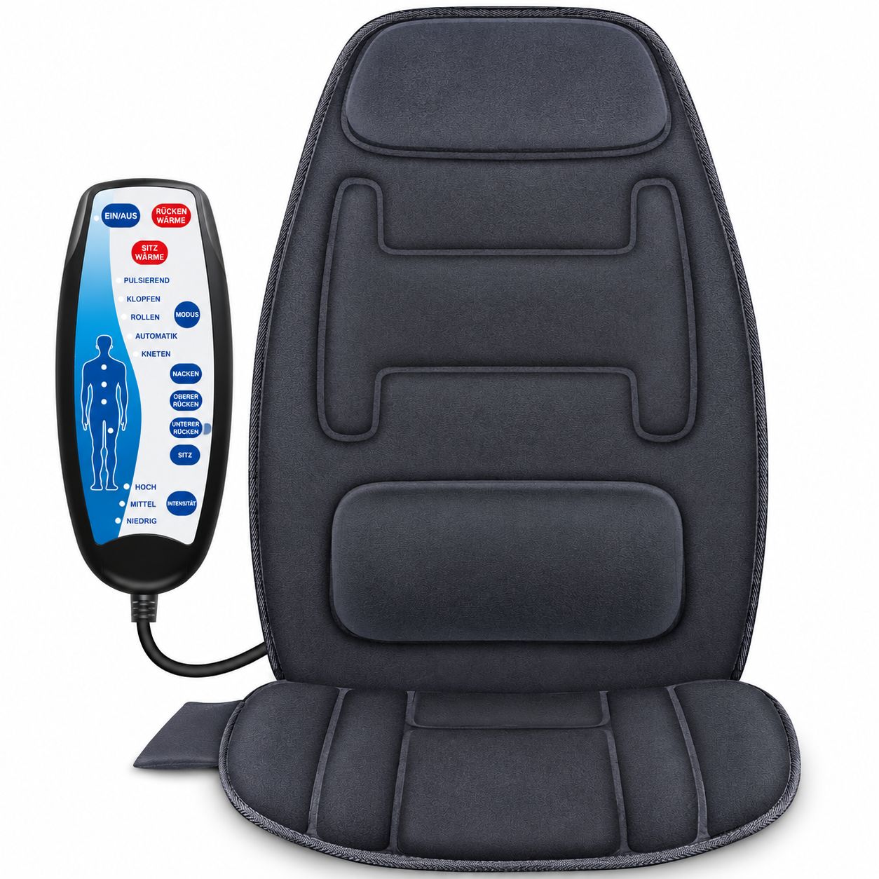 Schwarze Massagematte mit Fernbedienung und verschiedenen Massagezonen.