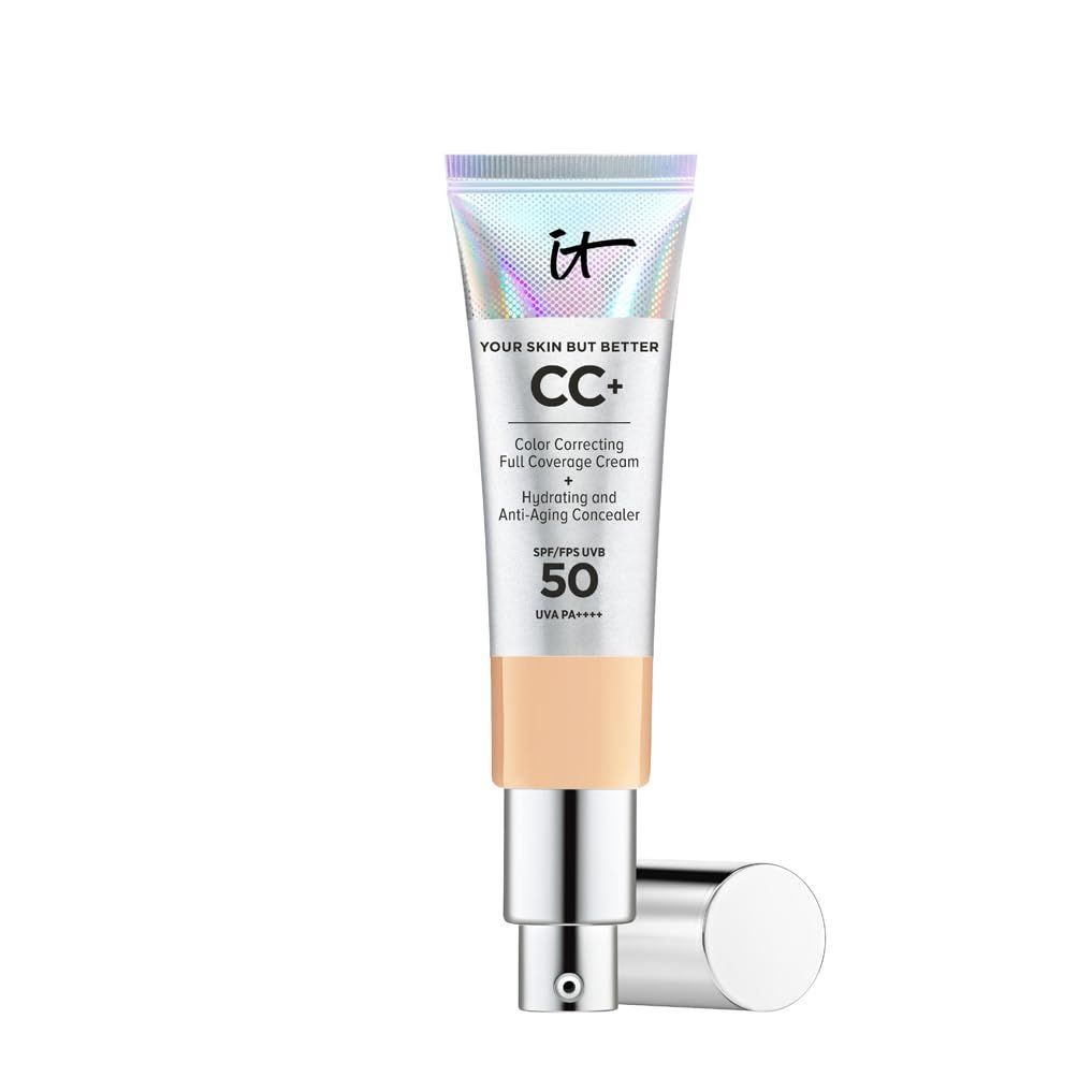 Tube mit CC+ Foundation SPF 50. Farbkorrigierende, deckende Creme. Mit Applikator. Hellbeige Farbton.