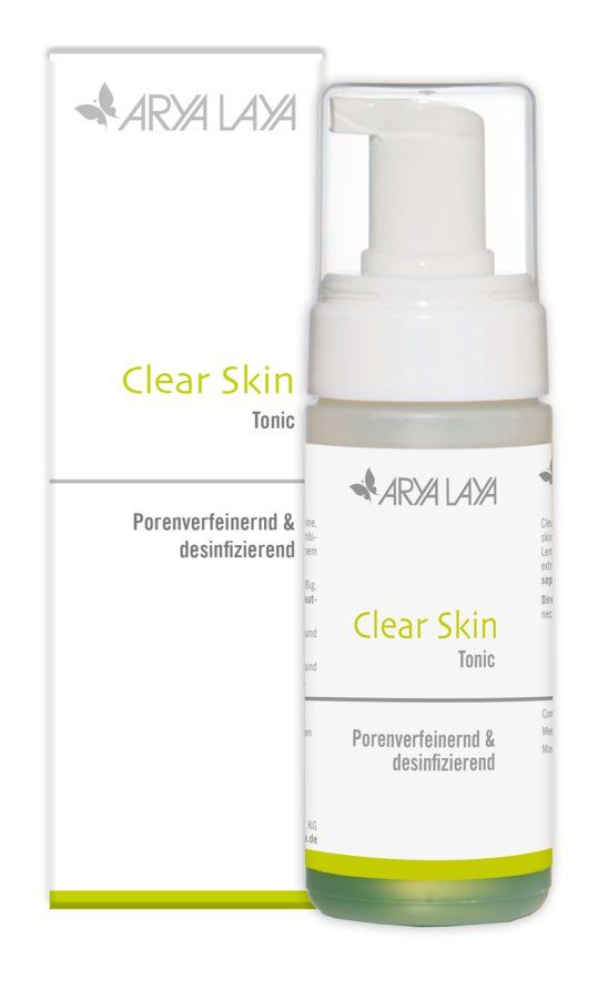 Weißes Fläschchen mit Pumpe und Karton. Aufschrift: Arya Laya Clear Skin Tonic. Porenverfeinernd & desinfizierend.
