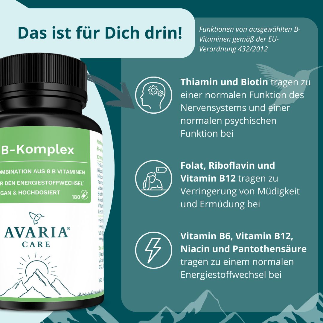 AVARIA CARE® Vitamin B Komplex – hochdosiert – 8 B-Vitamine & B12 – vegan