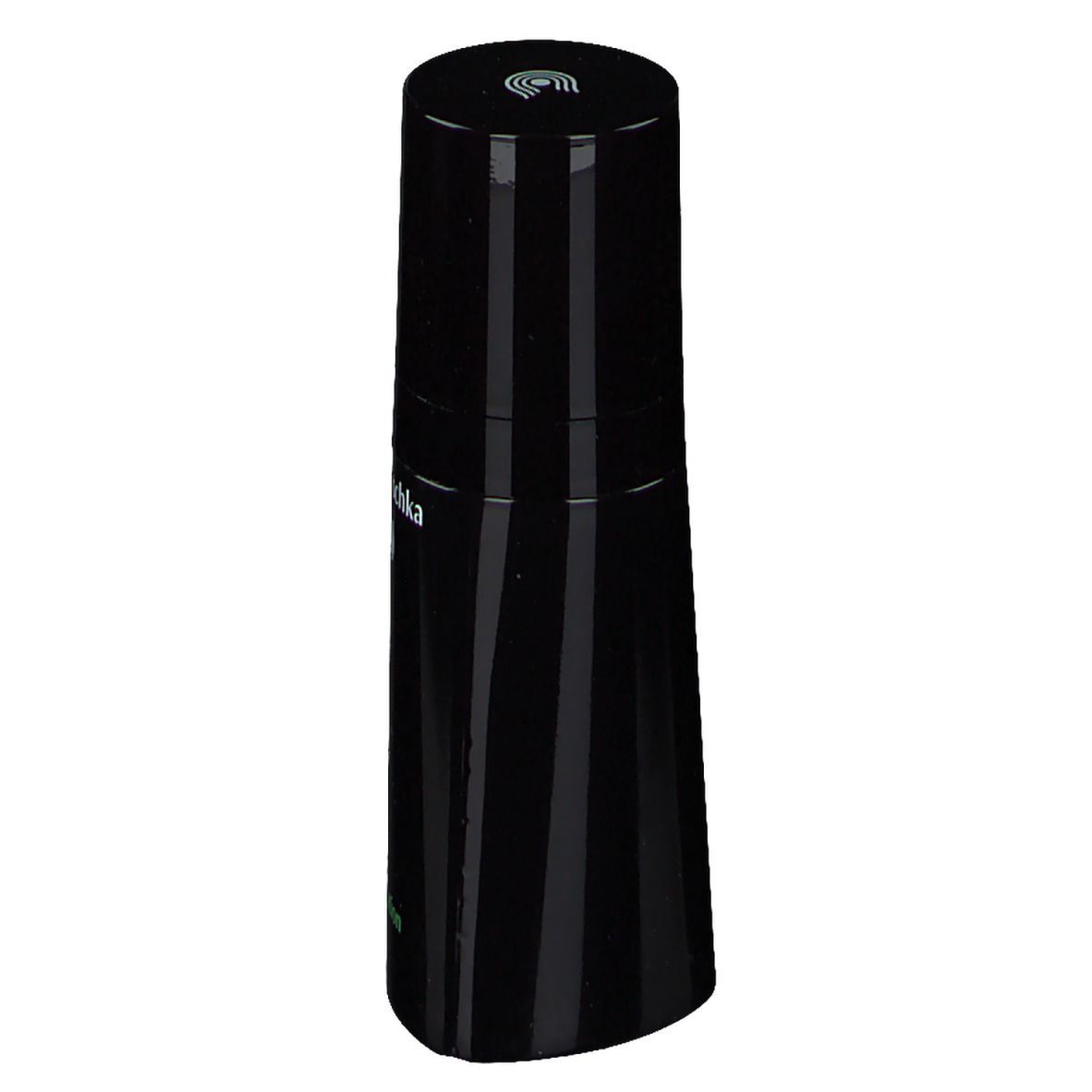 Schwarze Foundation-Flasche mit Dr. Hauschka-Logo. Vertikale Streifen.