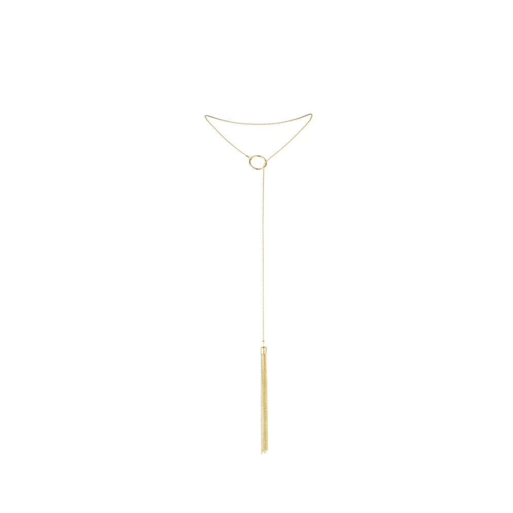 Goldfarbene Halskette mit Anhänger. Kette mit rundem Element und langem, quastenartigen Anhänger.