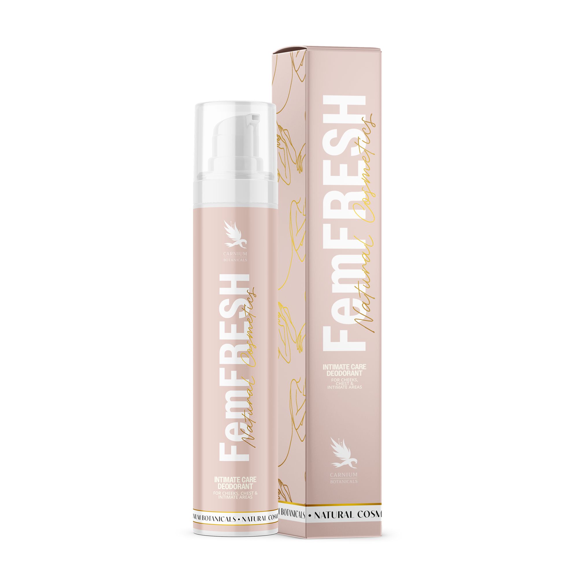 FemFRESH Intimate Care Cream Flasche und Karton. Rosa Verpackung mit goldenen Akzenten.