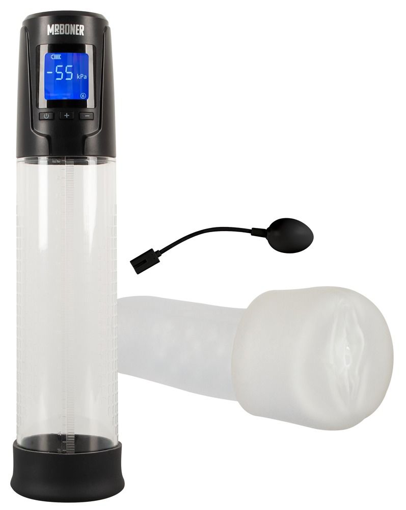 Automatische Penispumpe mit Digitalanzeige. Zylinder, Manschette und Handpumpe. Digitalanzeige zeigt -55 kPa an. Schwarze Basis und Oberteil. Transparenter Zylinder.
