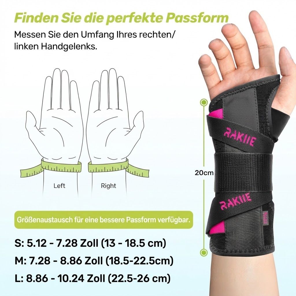 Größentabelle für Handgelenkbandagen mit Maßen in cm und Zoll.
