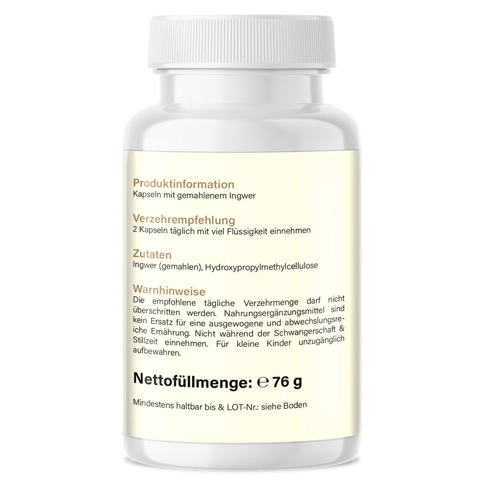Rückseite der weißen Flasche. Textinformationen: Zutaten, Verzehrempfehlung, Warnhinweise. Nettogewicht: 76 g.