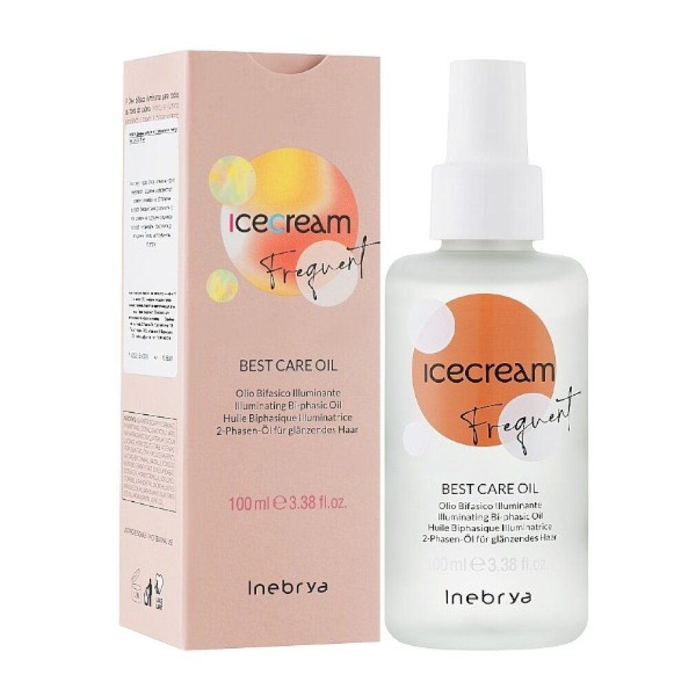 Haaröl-Flasche und -Verpackung. Aufschrift: Icecream Frequent Best Care Oil. 100 ml. Marke: Inebrya.