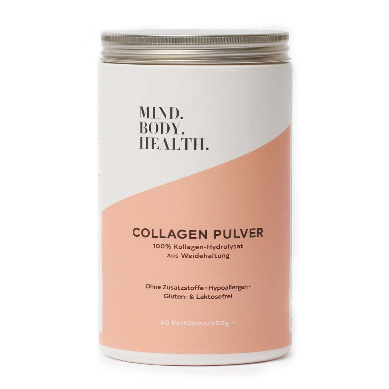 Weiß-rosa Dose mit "MIND.BODY. HEALTH" und "COLLAGEN PULVER" Schriftzug. Deckel silberfarben. Text: "Ohne Zusatzstoffe".