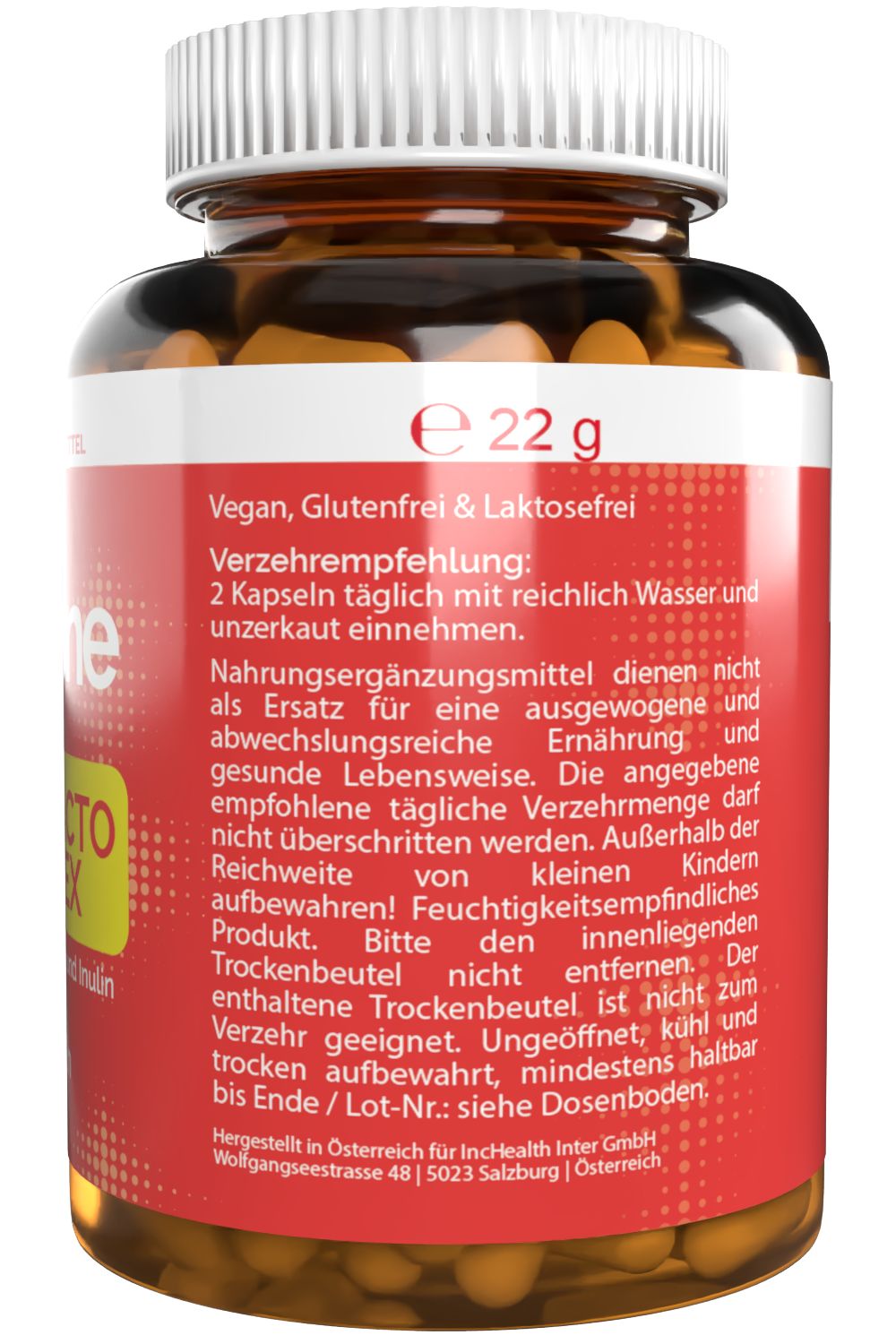 Rückseite einer Flasche mit braunen Kapseln. Aufschrift: Vegan, Glutenfrei & Laktosefrei. 22 g.