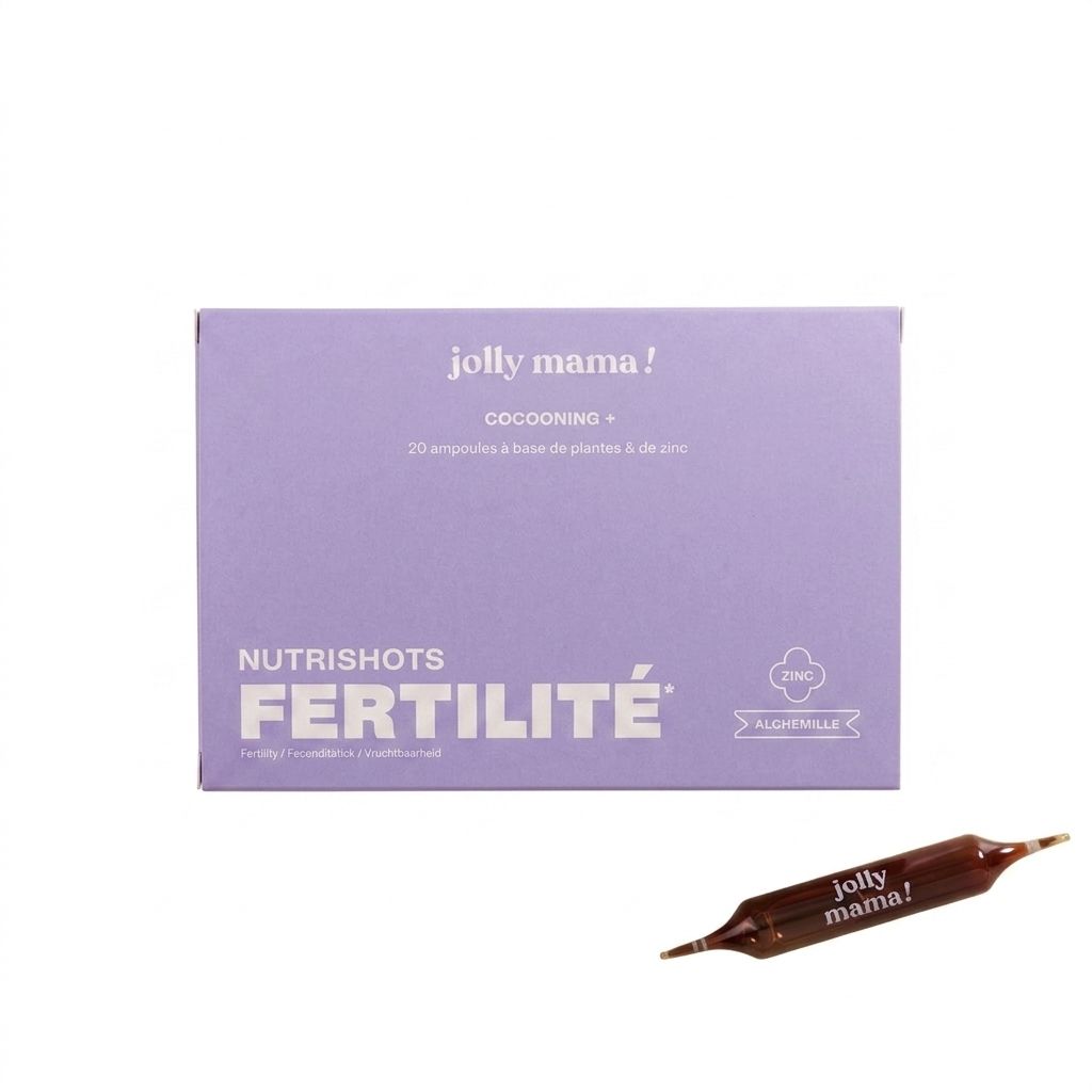 Jolly Mama Nutrishots Fertilité Packung mit 20 Pflanzenampullen und einer einzelnen braunen Glasampulle.