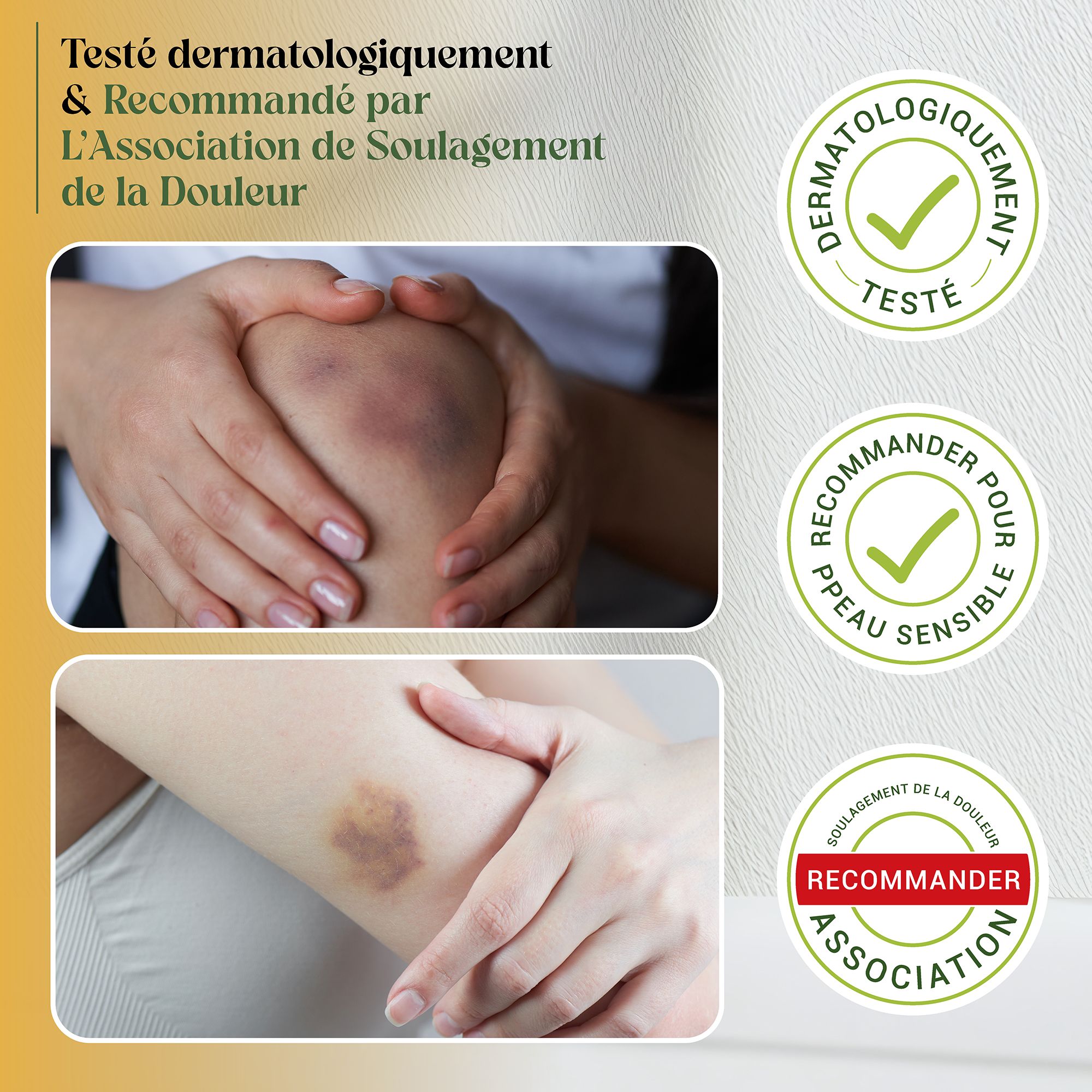 Nahaufnahmen von Knie und Arm mit Blutergüssen. Text: Dermatologisch getestet. Empfohlen von der Schmerzlinderungsvereinigung.