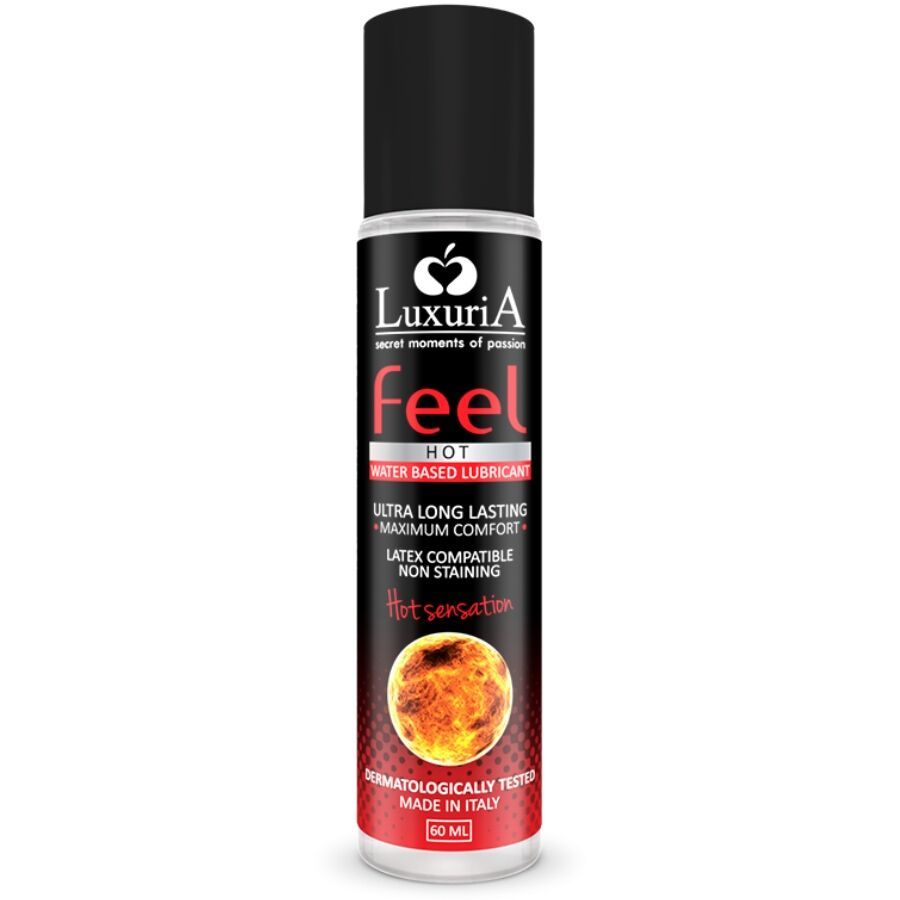 Zylinderförmige Flasche mit schwarzem Deckel. Aufschrift: LuxuriA, feel HOT, Wasserbasiertes Gleitmittel. Enthält 60 ml.