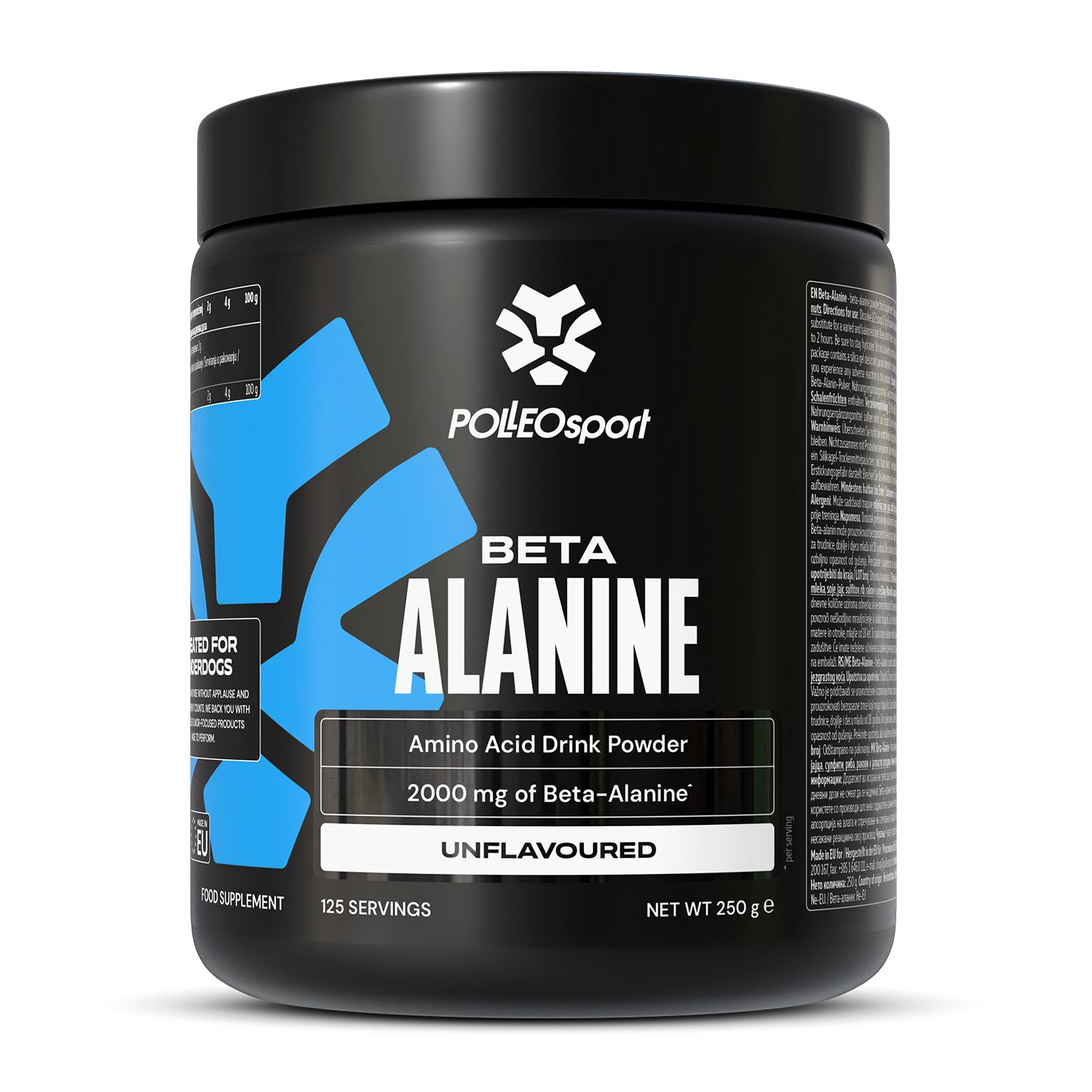 Schwarze Dose mit blauem Design und Aufschrift BETA ALANINE. Enthält 250g unflavored Pulver. Marke: Polleo Sport.