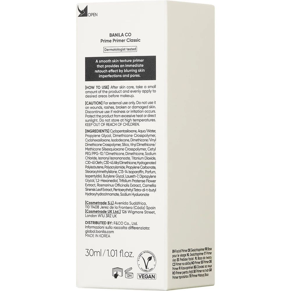 Rückseite der Verpackung von BANILA CO Prime Primer Classic mit Inhaltsstoffen.