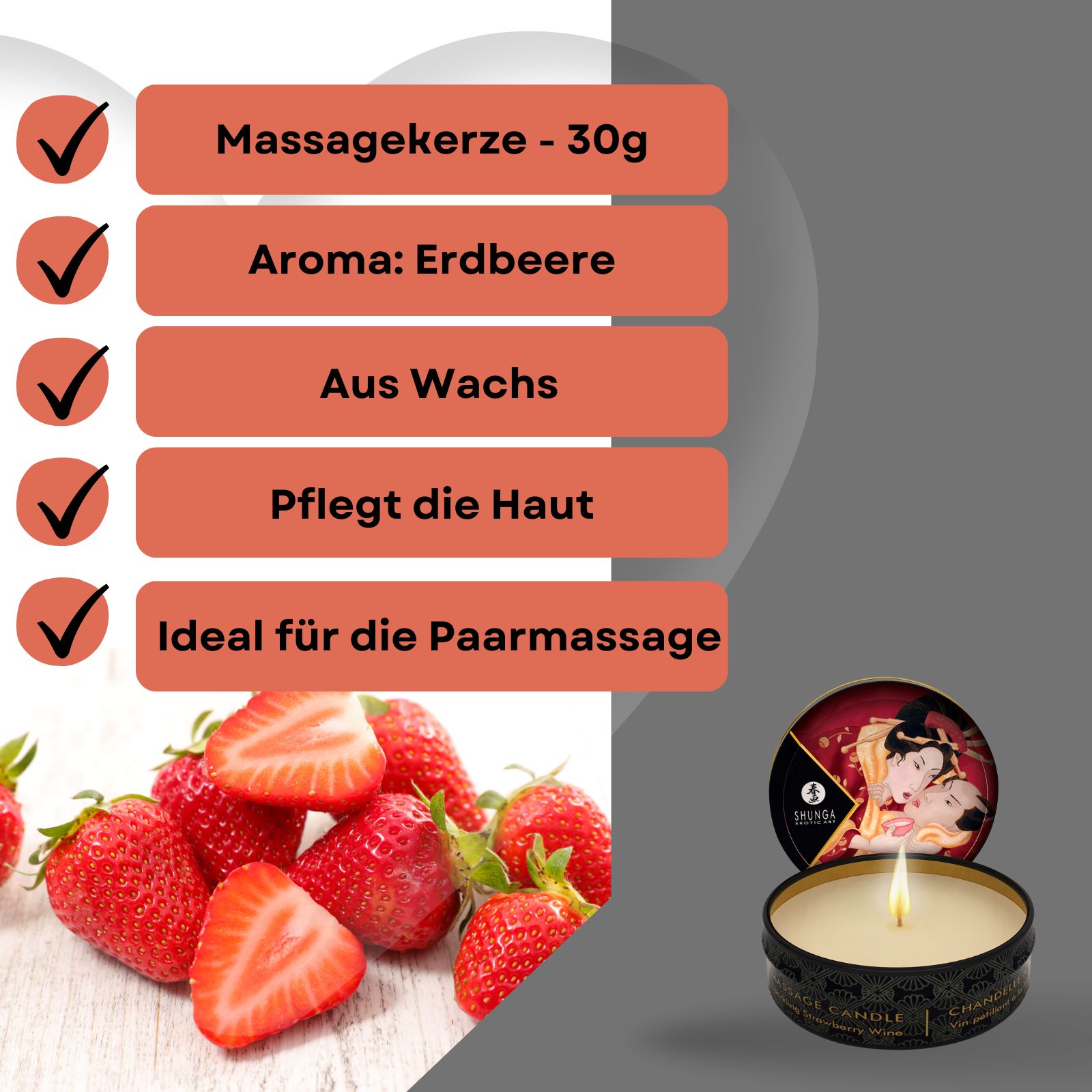 Produktabbildung mit Erdbeeren und Massagekerze. Text: Massagekerze - 30g, Aroma: Erdbeere, Aus Wachs, Pflegt die Haut, Ideal für die Paarmassage.