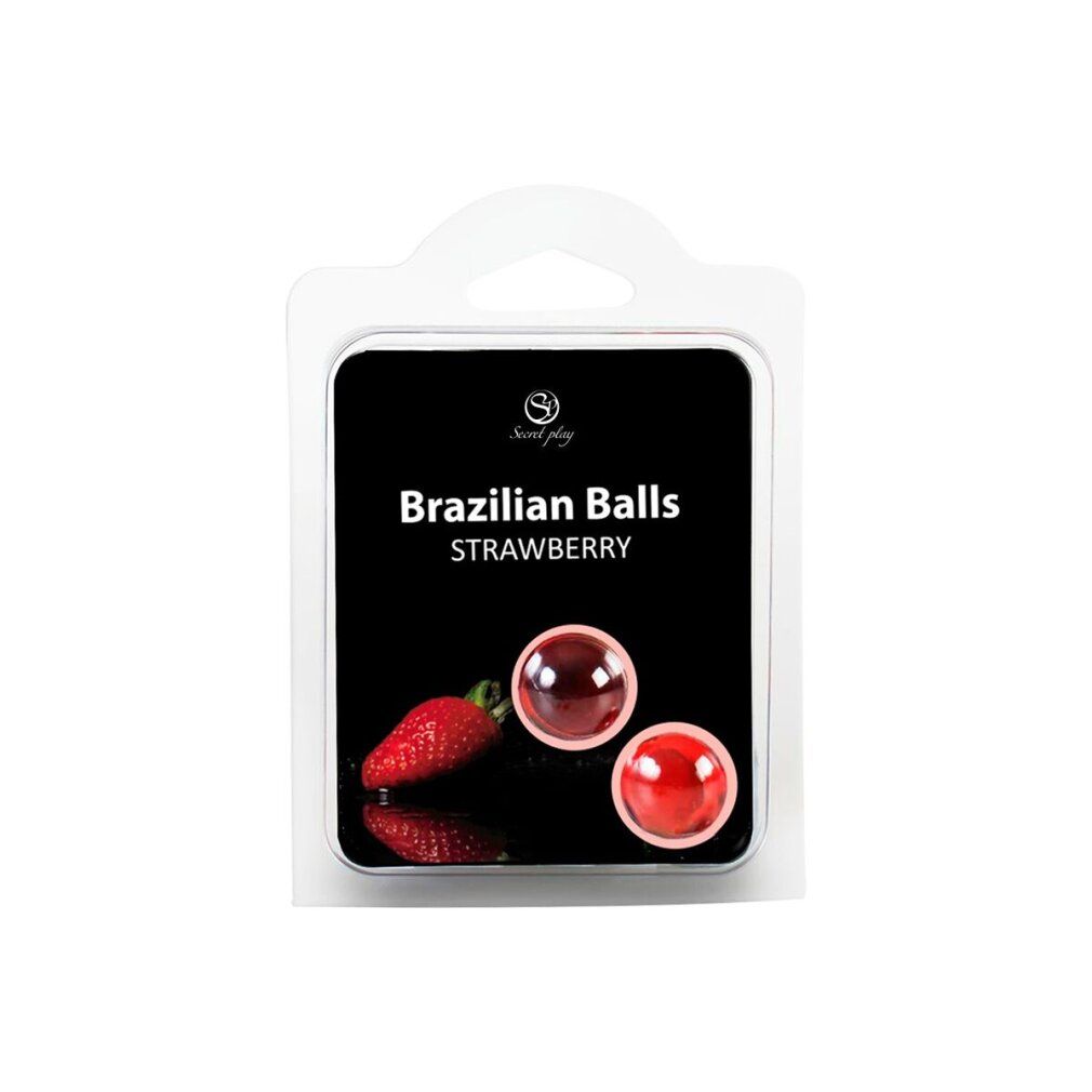 Verpackung mit zwei transparenten Kugeln und Erdbeeren. Aufschrift: Brazilian Balls Strawberry. Marke: Secretplay.