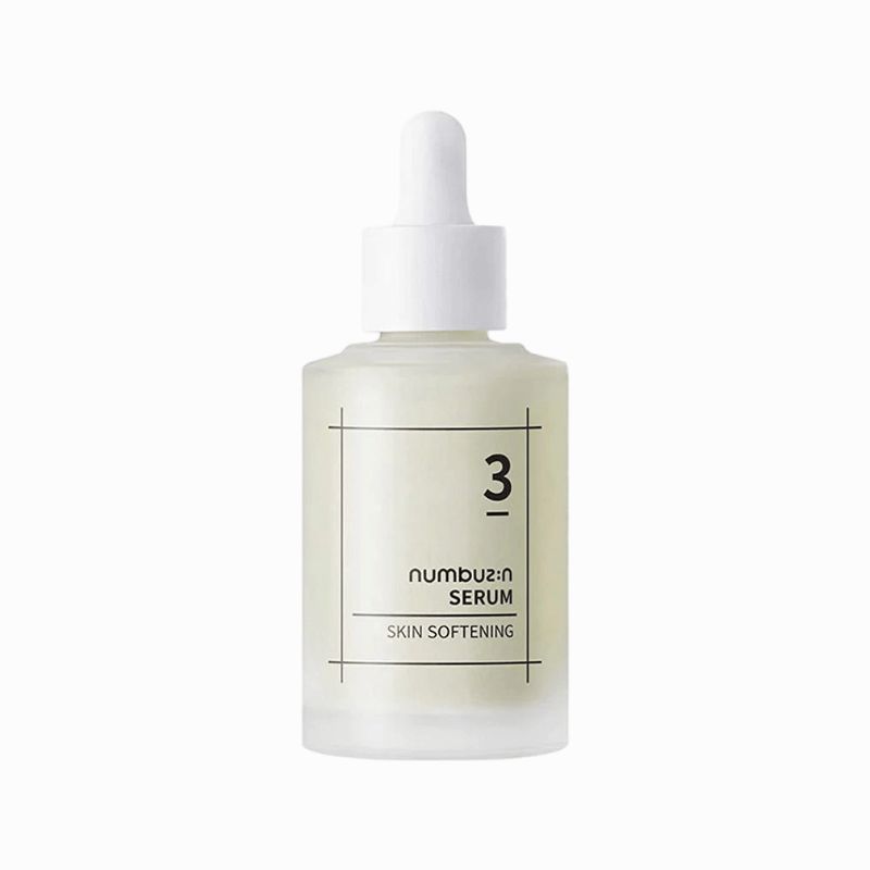 Gesichts-Serumflasche mit weißem Deckel und Pipette. Aufschrift: 3, Serum, Skin Softening. Klare, matte Glasflasche.