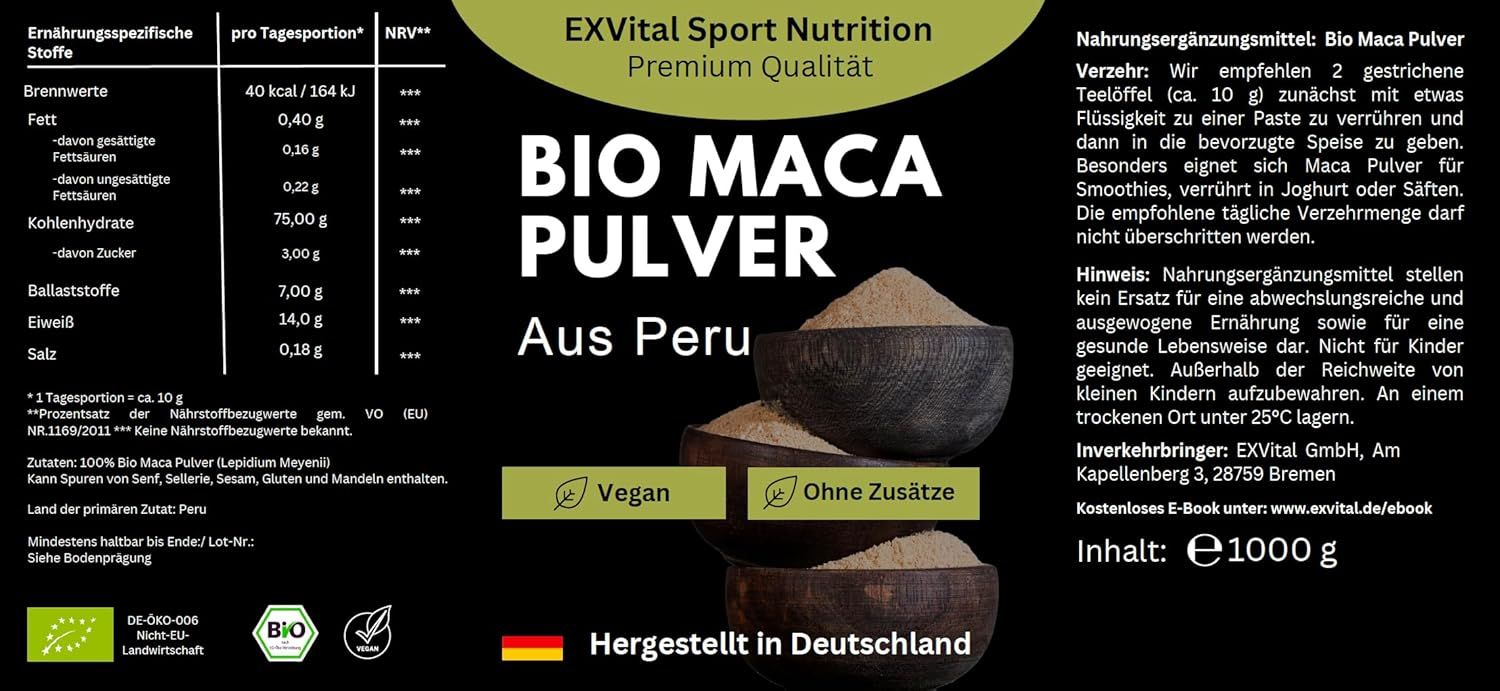 Produktetikett mit Nährwertangaben und Informationen zur Anwendung von BIO Maca Pulver. Aufschrift: BIO MACA PULVER Aus Peru. Vegan und ohne Zusätze.