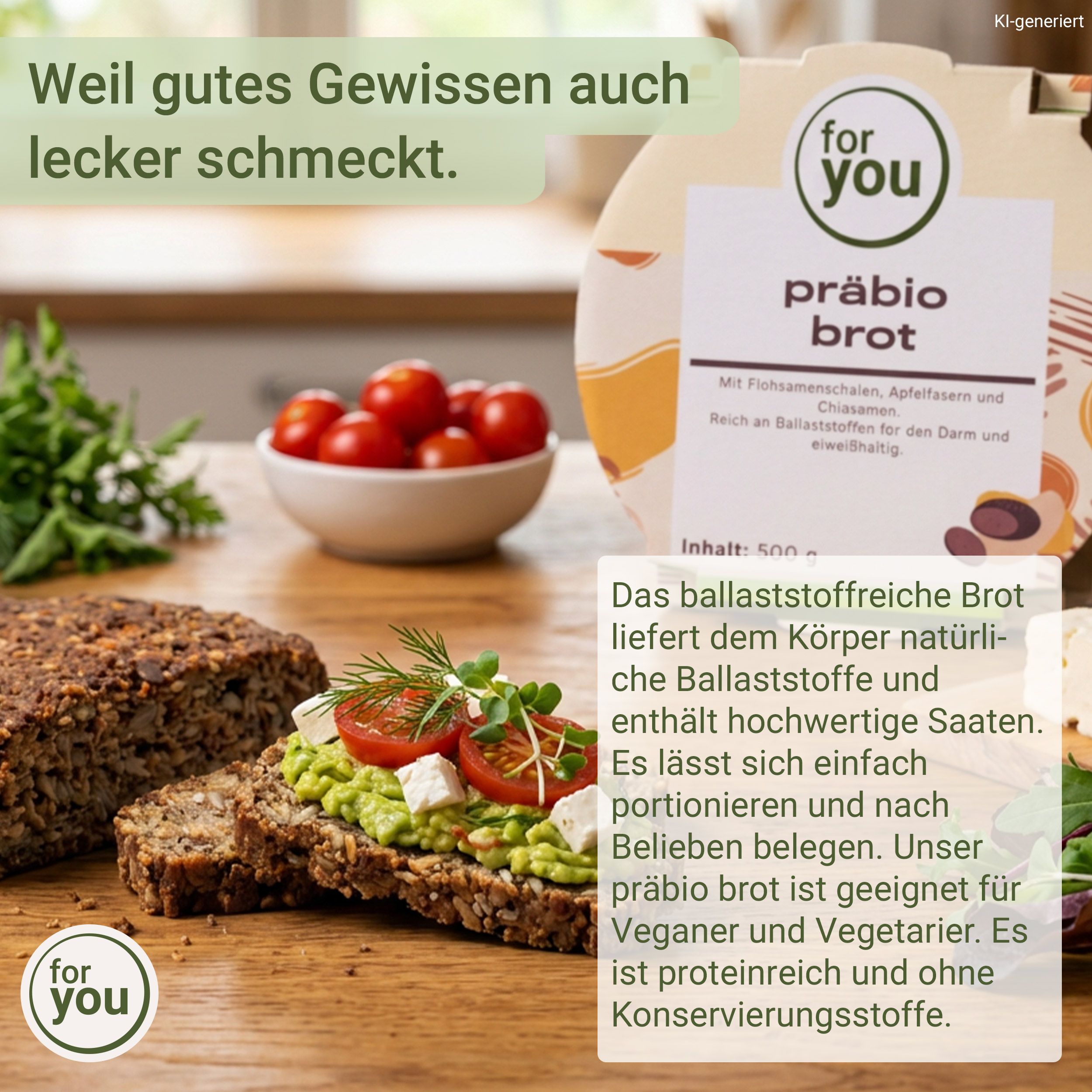 Leckeres Präbiotik-Brot mit Avocado und Tomaten, reich an Ballaststoffen, vegan.