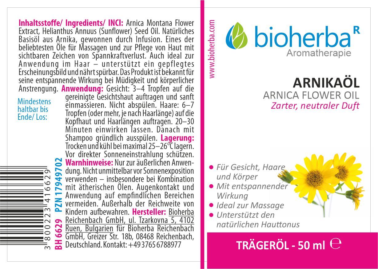 Etikett mit Produktname, floraler Illustration und Text. Marke: Bioherba. Enthält Informationen zu Inhaltsstoffen und Anwendung.