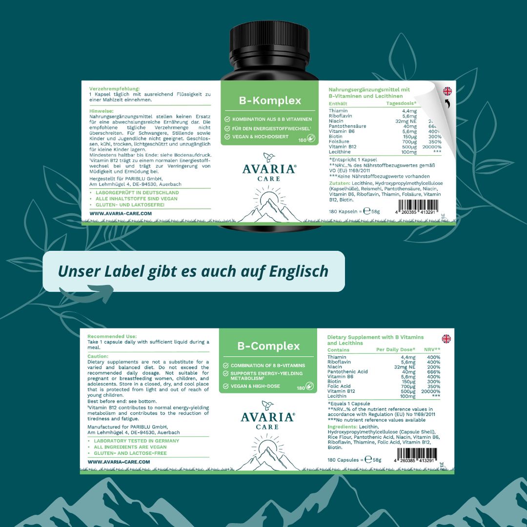 AVARIA CARE® Vitamin B Komplex – hochdosiert – 8 B-Vitamine & B12 – vegan