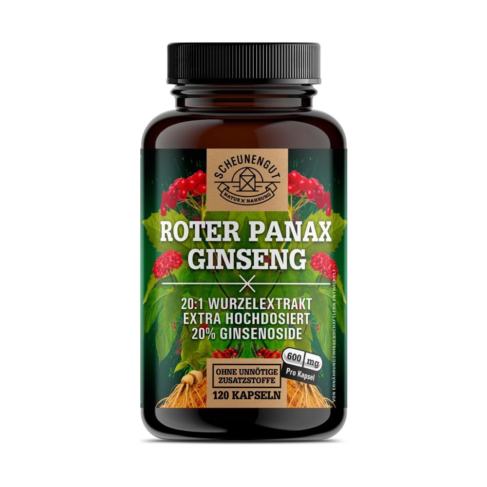 Braune Dose mit rotem Panax Ginseng Extrakt, 120 Kapseln.