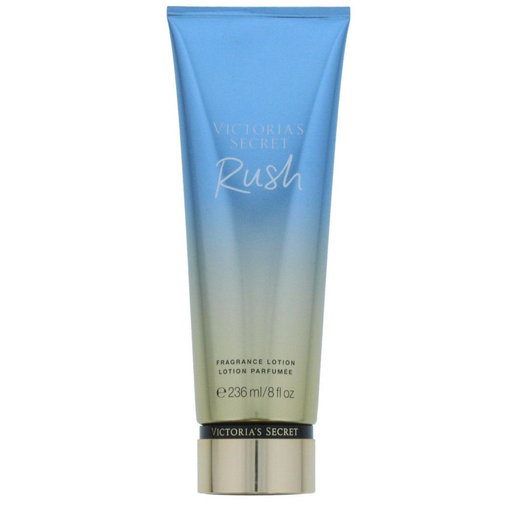 Körperlotion-Tube. Blau-gelber Farbverlauf. Text: 'Victoria's Secret', 'Rush', 'Fragrance Lotion'.