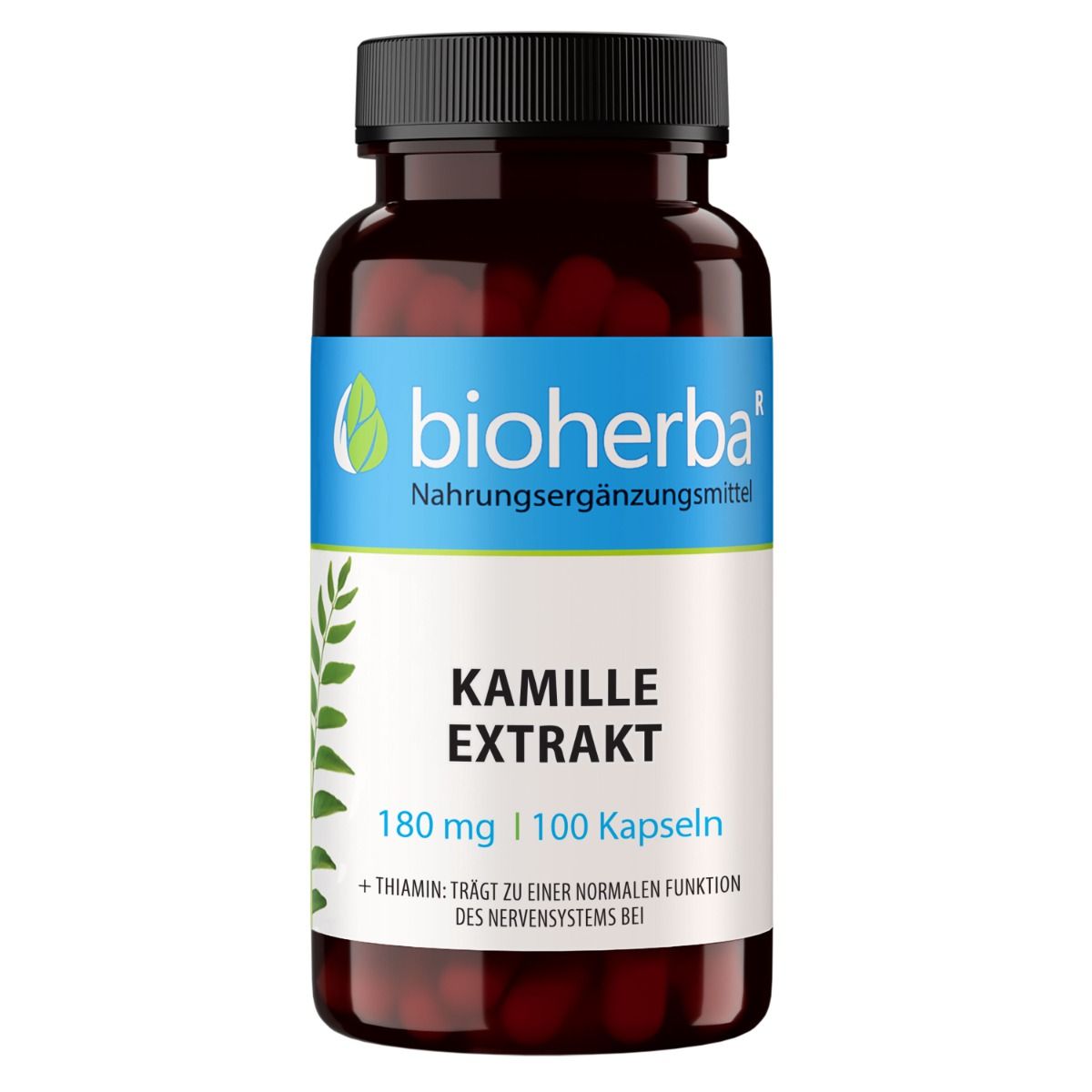 Braune Flasche mit Kamille Extrakt Kapseln. Schwarzer Deckel. Bioherba Logo. 180 mg, 100 Kapseln. Produktname und Inhaltsstoffe.