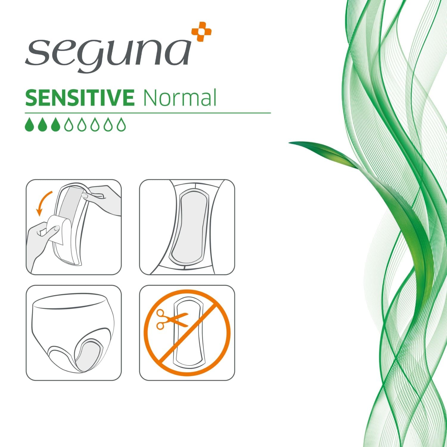 Illustrationen zur Anwendung von SEGUNA Sensitive Normal. Anweisungen und ein Symbol.