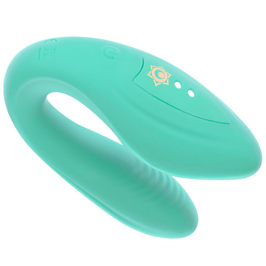 Türkisfarbener Vibrator mit drei kleinen Lichtern und einem Symbol.