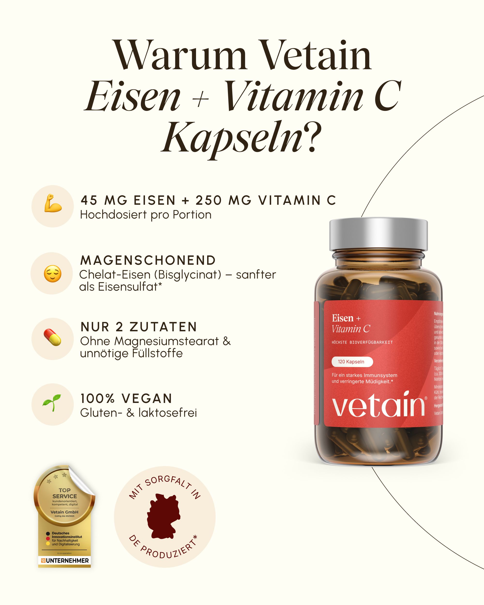 VETAIN Eisen + Vitamin C Kapseln. "Warum VETAIN?" mit Icons für Dosierung und Siegel.