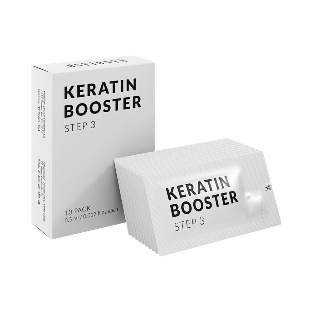Weiße Schachtel und Beutel mit Aufschrift Keratin Booster Step 3. 10er Pack. Einzelbeutel mit Produkt.