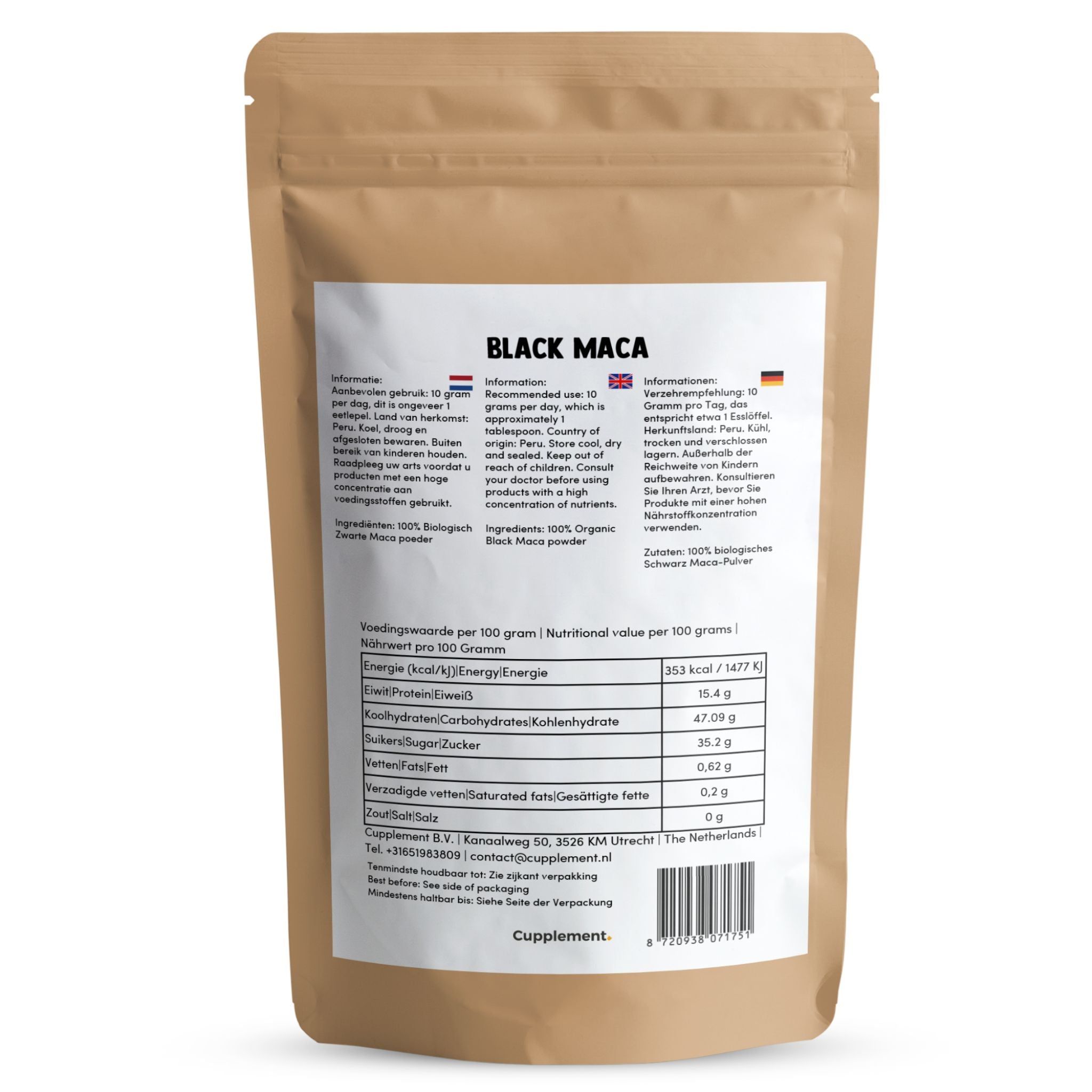 Beutel mit schwarzem Maca-Pulver. Aufschrift: Black Maca. Enthält Nährwertangaben und Informationen.