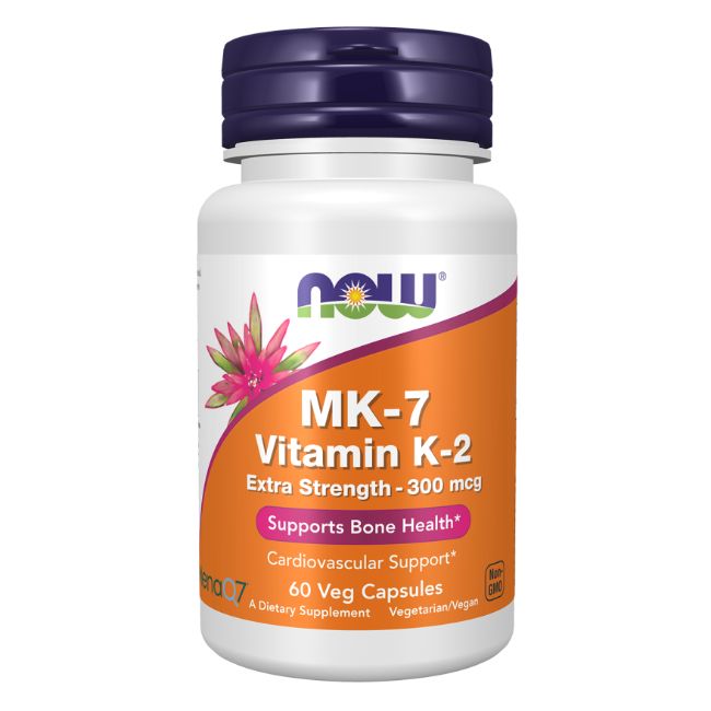 Weiße Flasche mit lila Deckel. Etikett mit Produktnamen: MK-7 Vitamin K-2, Extra Strength, 300 mcg, 60 Kapseln.