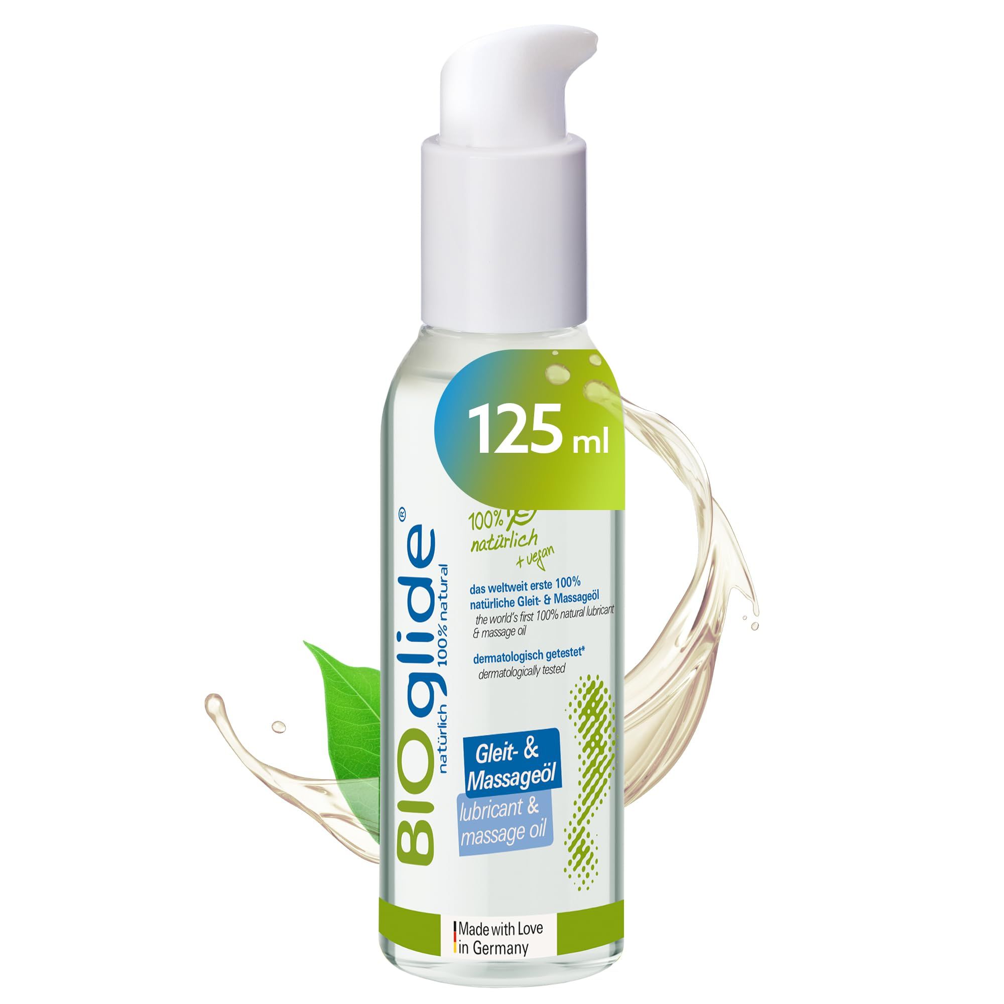 BIOgliede Gleit- & Massageöl Flasche mit Pumpspender, 125 ml, 100% natürlich & vegan.