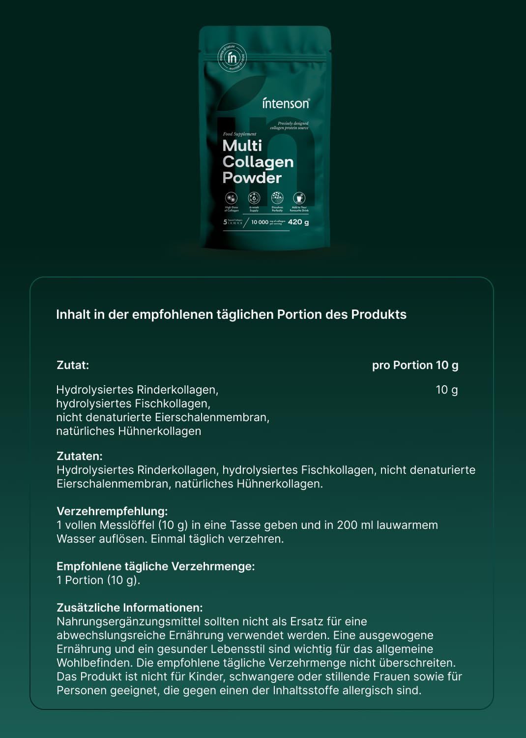 Ein Beutel 'Intenson Multi Collagen Powder' mit detaillierten Informationen zu Inhaltsstoffen und Verzehrempfehlung.