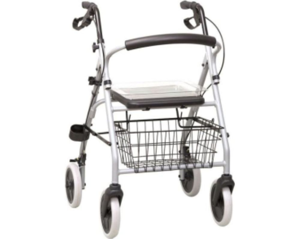 Rollator aus Aluminium mit Korb, Tablett und Handgriffen. Vier Räder mit weißen Reifen.