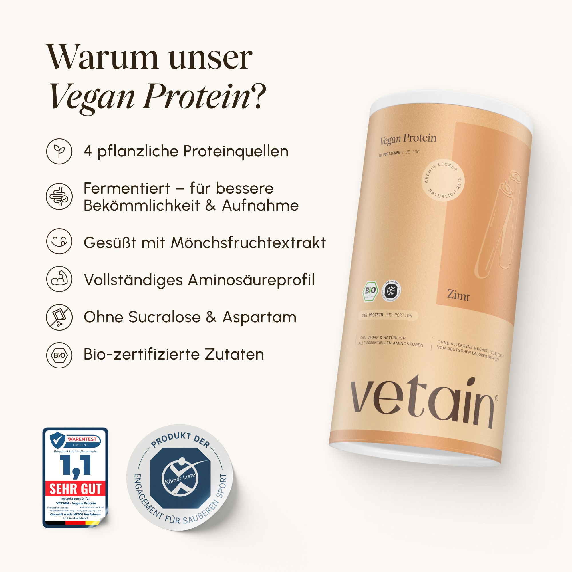 Vorteile von VETAIN Vegan Protein Zimt, Bio-zertifiziert.