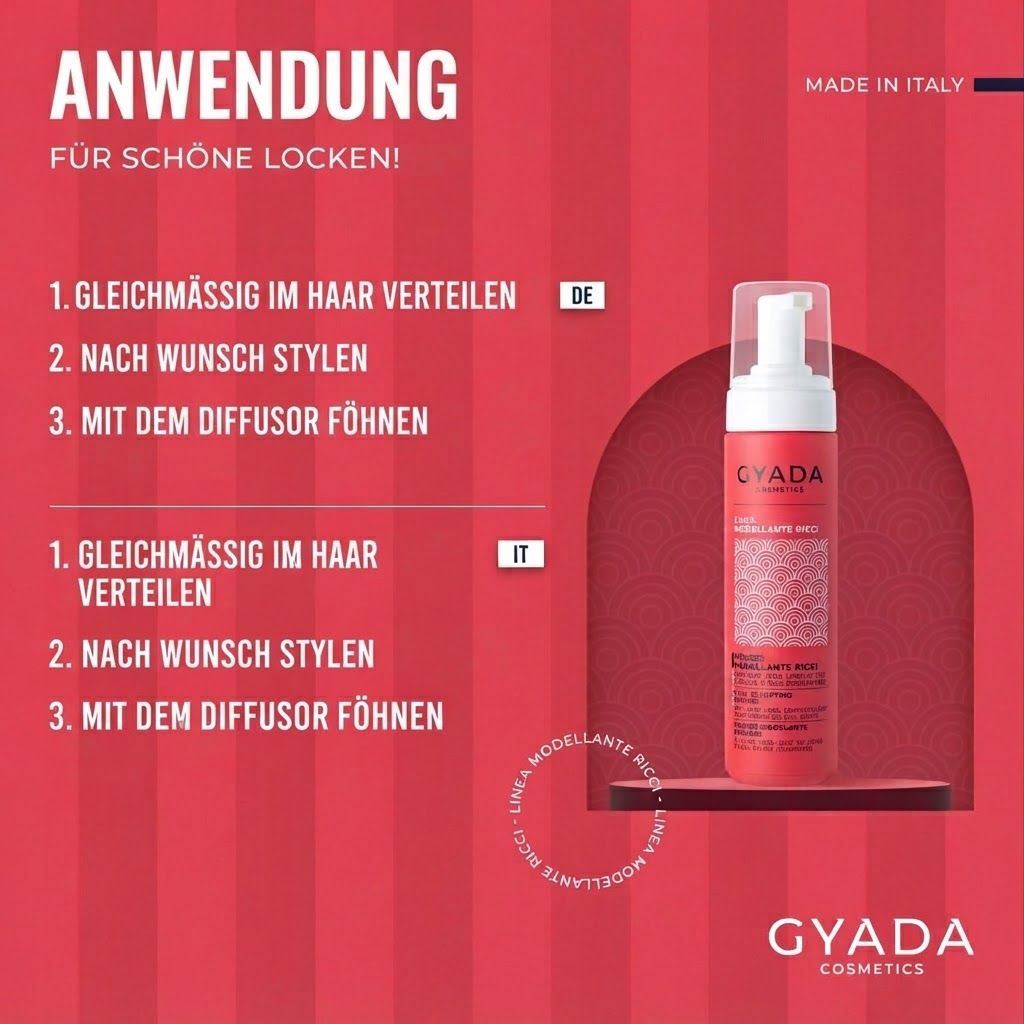Gyada Cosmetics Locken Styling Mousse, 200ml Flasche mit Pumpspender.