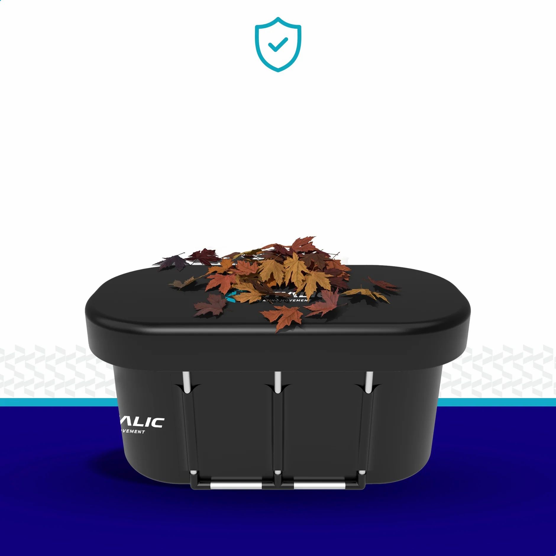 Schwarzes Eisbad mit Deckel, bedeckt mit Blättern. Blau-weißer Hintergrund. Schutzsymbol.