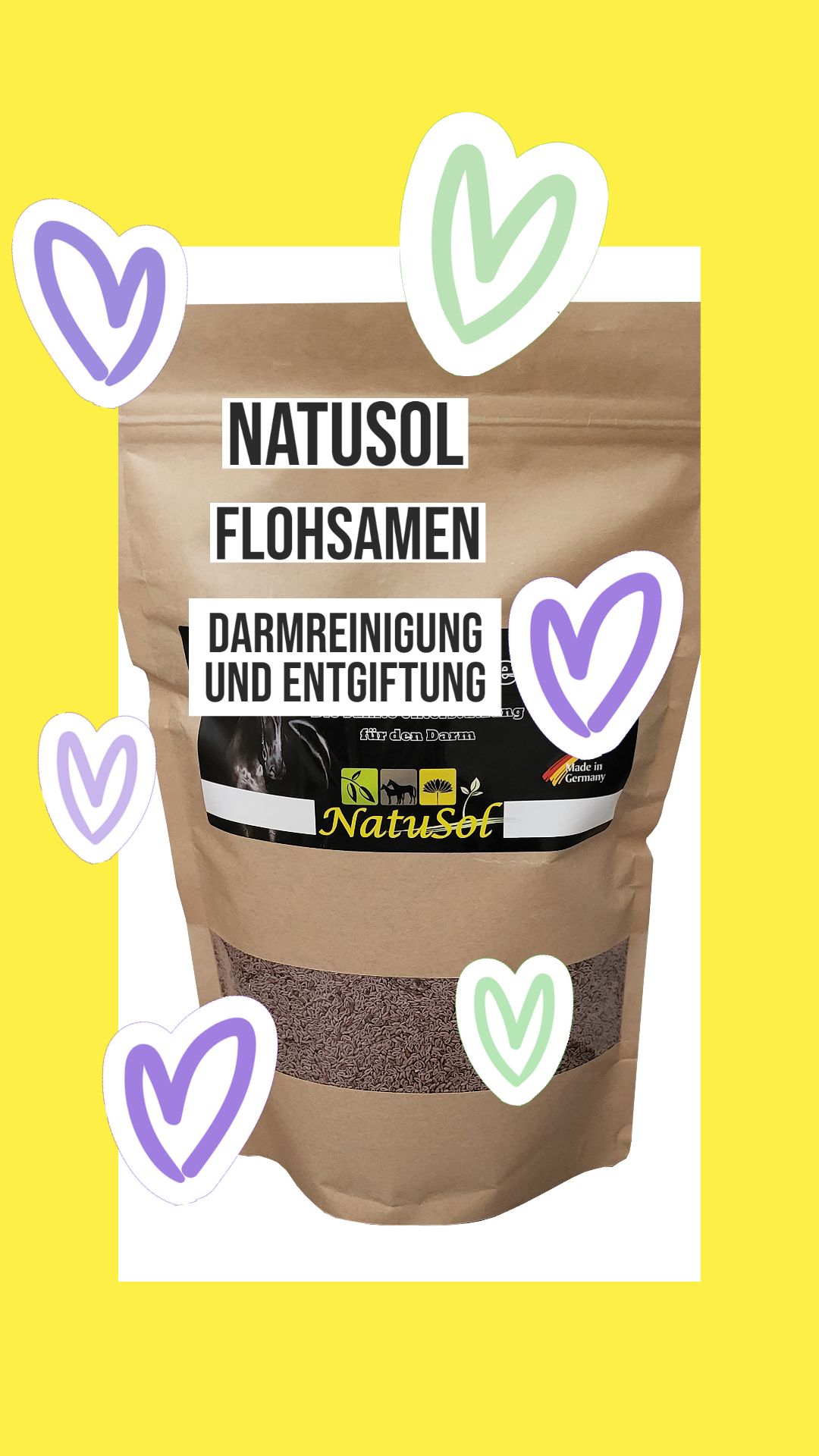 Brauner Papierbeutel mit Text: NatuSol Flohsamen, Darmreinigung und Entgiftung. Lila Herzen.