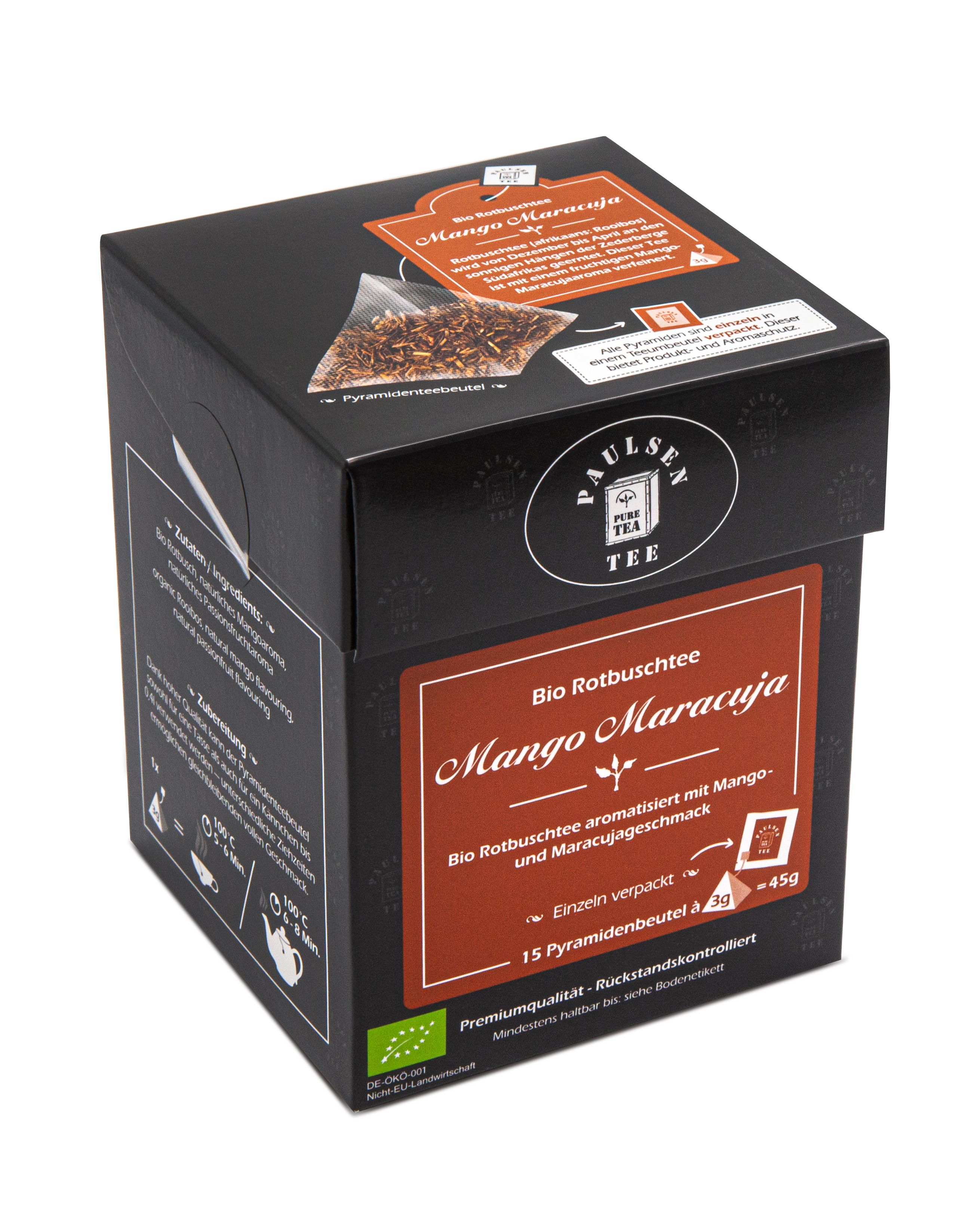 Schwarze Tee-Box mit Aufdruck. Enthält 15 Pyramidenbeutel Bio-Rooibos-Tee Mango Maracuja. Mit Bio-Siegel.